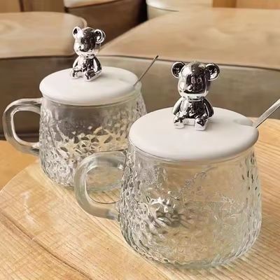 手柄カバーと蓋付きの朝食カップ 透明ガラスコーヒーカップ 12.5*13*8cm