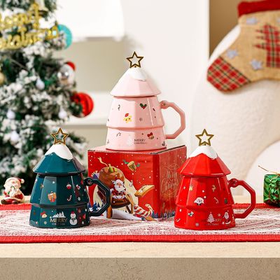 持続可能な骨セラミックカップ ギフトボックスセット 蓋のスプーン クリエイティブなクリスマスツリーデザイン