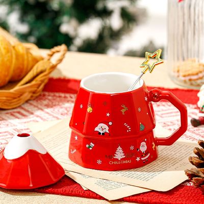 クリスマスツリーデザイン カートン セラミックカップ ギフトボックスセット 蓋のスプーン アメリカンスタイル