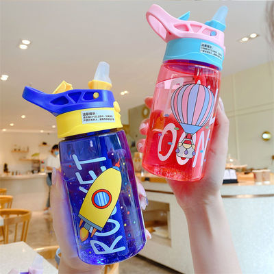 16OZ 子供 可愛い ポータブル 防水 ストレート 飲み放題 ストロー付き プラスチック 水瓶