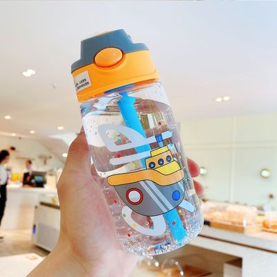 16OZ 子供 可愛い ポータブル 防水 ストレート 飲み放題 ストロー付き プラスチック 水瓶