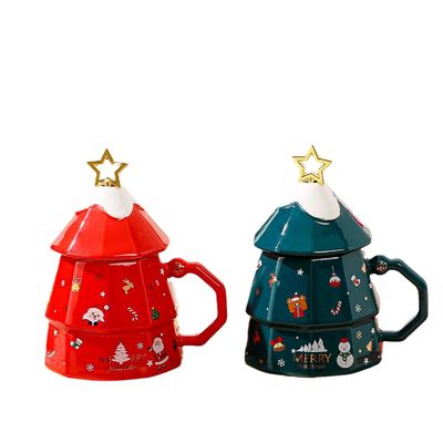 7x12.5cm セラミック カフェカップ 蓋とスプーン 祝い クリスマスツリーデザイン ギフトボックス