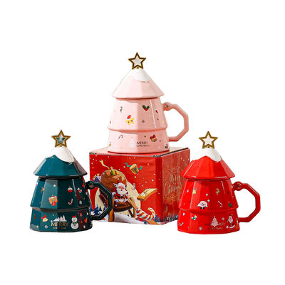 7x12.5cm セラミック カフェカップ 蓋とスプーン 祝い クリスマスツリーデザイン ギフトボックス