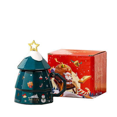 大容量 クリスマスツリーデザイン 蓋とスプーンとセラミックカップ 持続可能な贈り物