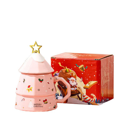 クリスマスツリー形 セラミックミルクコーヒーカップ スプーンとギフトボックス 3D ホリデーデコレーション