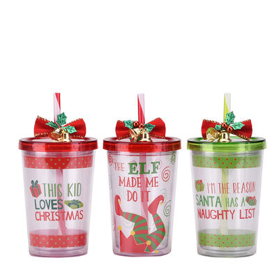 可愛いデザイン スタイルのクリスマスベル 二重層 プラスチック BAP 無料 ストロー 飲み水カップ