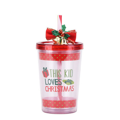 クリスマスデザイン ダブルレイヤ プラスチック BAP フリー ストロー 鐘付き飲み水カップ