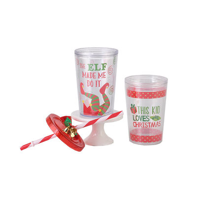 クリスマスデザイン ダブルレイヤ プラスチック BAP フリー ストロー 鐘付き飲み水カップ