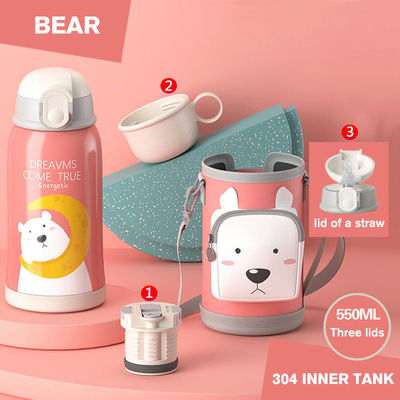 掃除用ボトル 熱水器 熱い 漫画 ステンレス スチール キッズ 水瓶 3つの蓋付き