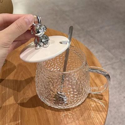 手柄カバーと蓋付きの朝食カップ 透明ガラスコーヒーカップ 12.5*13*8cm