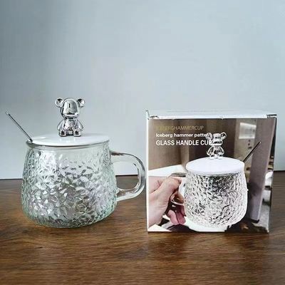 手柄カバーと蓋付きの朝食カップ 透明ガラスコーヒーカップ 12.5*13*8cm