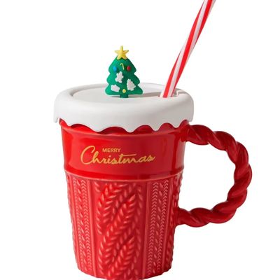 400ml 容量 クリスマスツリー セラミックカップ 蓋とストロー 持続可能な素材