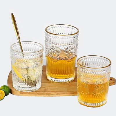 オーダーメイド パターン 300ml 380ml レトロエムボスガラスカップ 金色の境界と日焼けデザイン