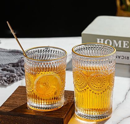 オーダーメイド パターン 300ml 380ml レトロエムボスガラスカップ 金色の境界と日焼けデザイン