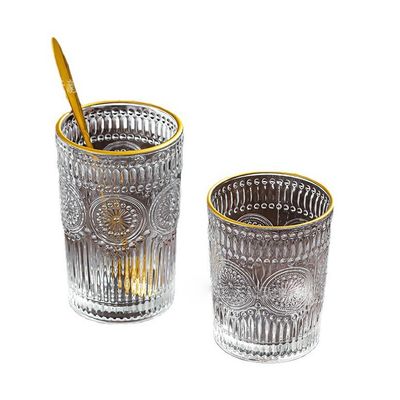 オーダーメイド パターン 300ml 380ml レトロエムボスガラスカップ 金色の境界と日焼けデザイン