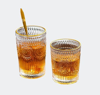 オーダーメイド パターン 300ml 380ml レトロエムボスガラスカップ 金色の境界と日焼けデザイン