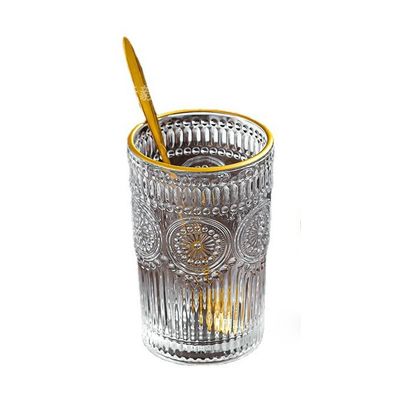 オーダーメイド パターン 300ml 380ml レトロエムボスガラスカップ 金色の境界と日焼けデザイン