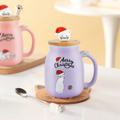 キュートスタイル 380ml ポータブル セラミックコーヒーカップ 3D リトルキャットデザインと竹の蓋