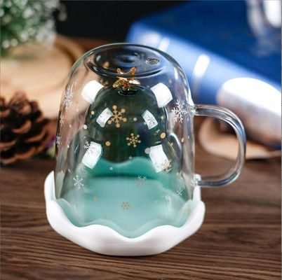 300ml クリスマス ギフト 蓋と高温耐性のある二重壁ガラスカップ
