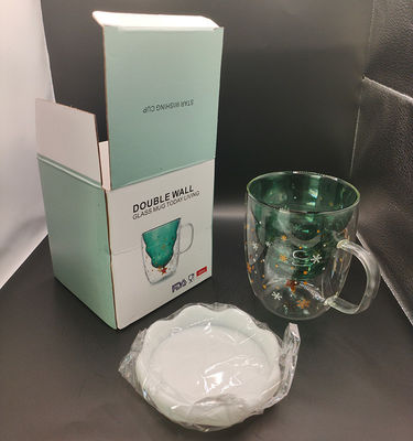 300ml クリスマス ギフト 蓋と高温耐性のある二重壁ガラスカップ