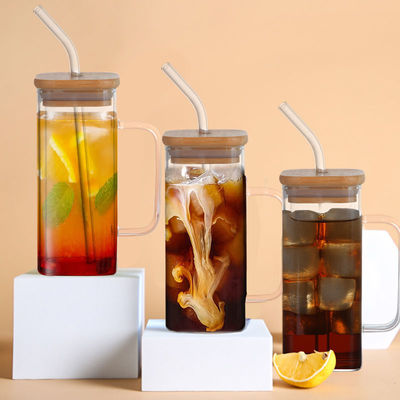 持続可能 350ml 透明ガラス用飲料用 蓋とストローハンドル付き 冷凍コーヒーティーカップ