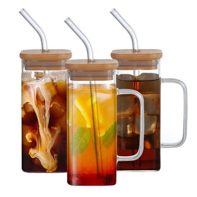 持続可能 350ml 透明ガラス用飲料用 蓋とストローハンドル付き 冷凍コーヒーティーカップ