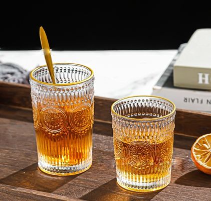 380ml レトロ 彫刻金 境界 ガラス カップ 紫陽花 彫刻 ガラス 水飲み杯