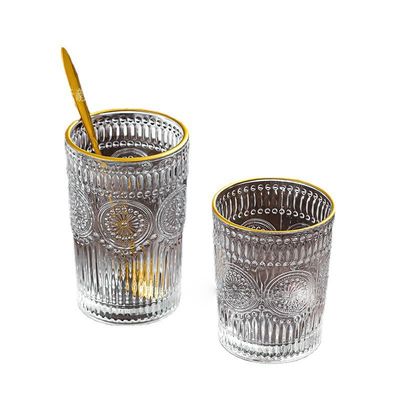 380ml レトロ 彫刻金 境界 ガラス カップ 紫陽花 彫刻 ガラス 水飲み杯