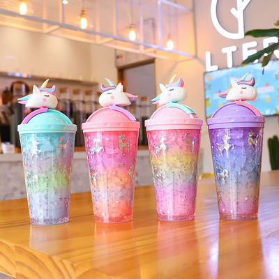 14OZ モダン ダブル ウォール ユニコーン プラスチック カップ 蓋とストローの水瓶