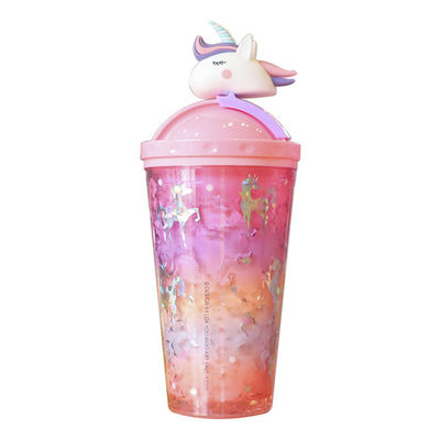 14OZ モダン ダブル ウォール ユニコーン プラスチック カップ 蓋とストローの水瓶