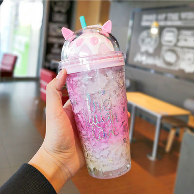 14OZ モダン ダブル ウォール ユニコーン プラスチック カップ 蓋とストローの水瓶
