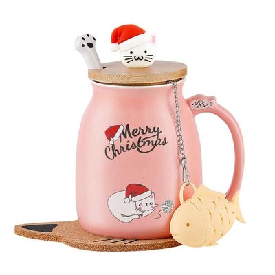 カスタマイズされた 380ML 可愛いピンク クリスマスカップ ネコ セラミックコーヒーカップ ステンレススチールスプーン