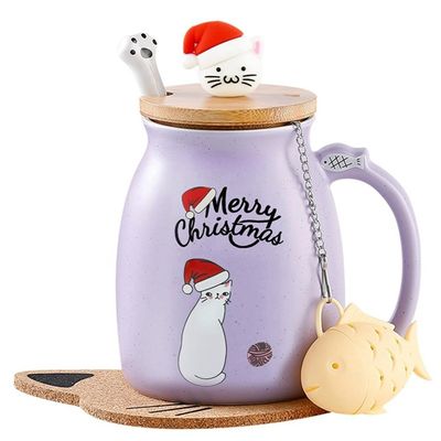 380ml 可愛い紫陶磁コーヒーカップ ポルセラン クリスマスカップ ティーカップ 牛乳カップ 可愛いキットの蓋付き