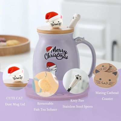 380ml 可愛い紫陶磁コーヒーカップ ポルセラン クリスマスカップ ティーカップ 牛乳カップ 可愛いキットの蓋付き