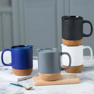 450ML カスタム ロゴ マット 黒 白 コルクベース セラミック カフェ 旅行 カップ PP 蓋付き