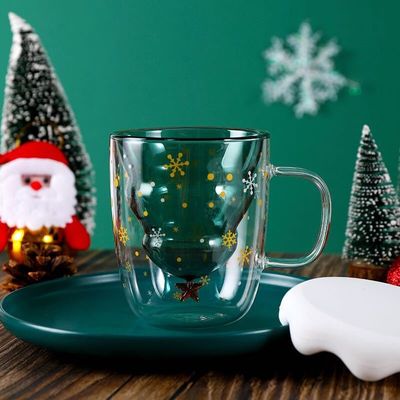 カスタム X クリスマス ギフト 200ml ダブル ウォール グラス カフェ カップ クリスマス ツリー デザイン