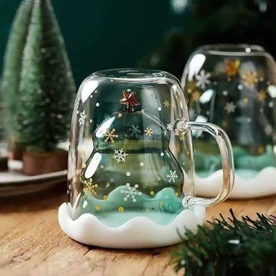 カスタム X クリスマス ギフト 200ml ダブル ウォール グラス カフェ カップ クリスマス ツリー デザイン