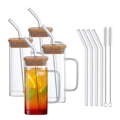 350ml スクエア ビールソーダ カフェ 缶 形ガラス ピント トンブル 竹蓋 ストロー ストック