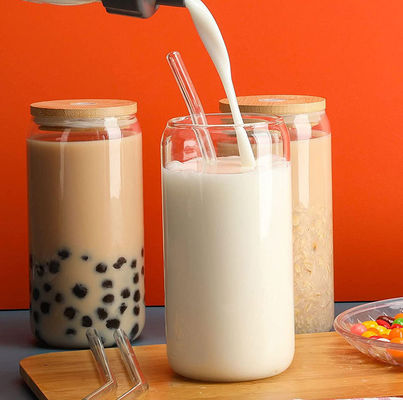 16オンス ガラスカップ 竹の蓋付き アイスクリーム 泡茶 コーヒー ソーダ ビール 形容量