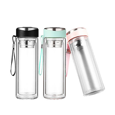 320 ML 蓋付きのピンク色ダブルウォールガラス水瓶と直接飲み茶注入器