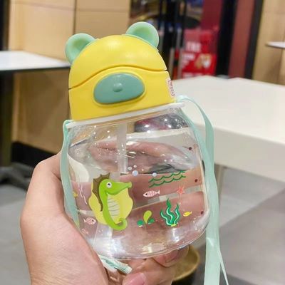 450ml PC プラスチック かわいい熊形 水杯 ストローとロープ 漏れ防止水瓶