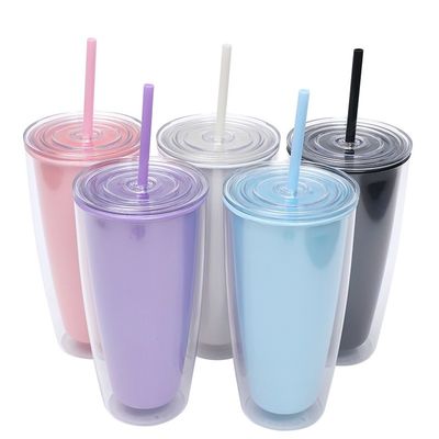 カラフルな24オンスBPAフリー 再利用可能な透明なコーヒーカップ 双壁とストレートストロー