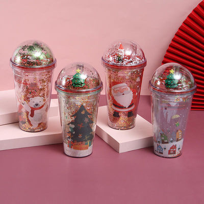 プラスチック クリスマス カップ 500ml グリッター ダブル ウォール 蓋とストローの飲み物