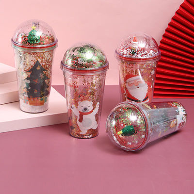 プラスチック クリスマス カップ 500ml グリッター ダブル ウォール 蓋とストローの飲み物