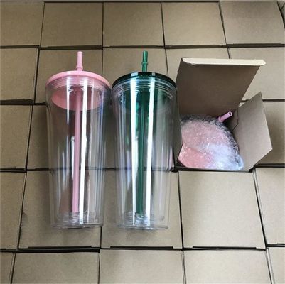 露天 透明 ピンク 緑 16オンス 24オンス 隔熱 壁の二重 プラスチック アクリルカップ 蓋とストローのタンブラー