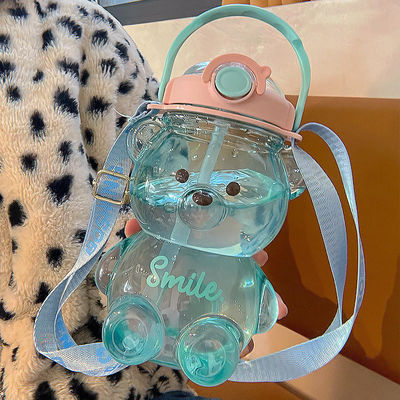 カスタマイズされた色透明熊飲み物 1L ストロー付きプラスチック水瓶