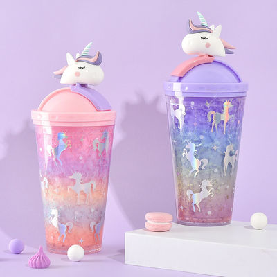 430ml ダブルウォール プラスチック 冷酒 アイスクリームカップ ストロー 可愛いユニコーンデザイン