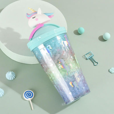 430ml ダブルウォール プラスチック 冷酒 アイスクリームカップ ストロー 可愛いユニコーンデザイン