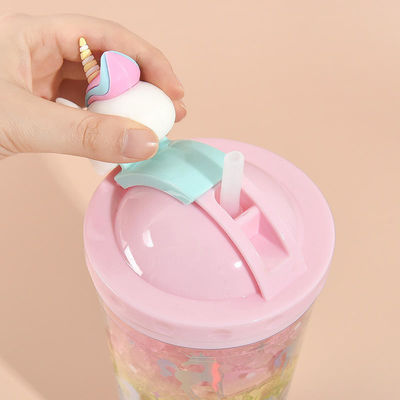 430ml ダブルウォール プラスチック 冷酒 アイスクリームカップ ストロー 可愛いユニコーンデザイン