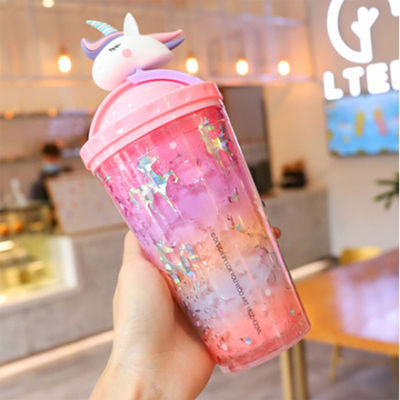 デザイン 可愛いユニコーンの水瓶 ダブルウォール ストロータイプ 10cm*25cm ファッション学生向け